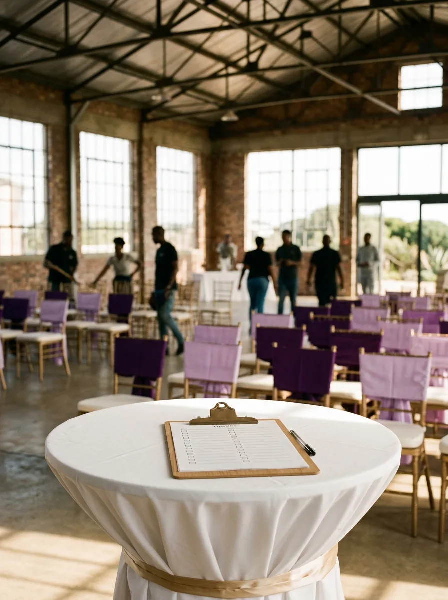 Empty venue before setup with a clipboard on a cocktail table