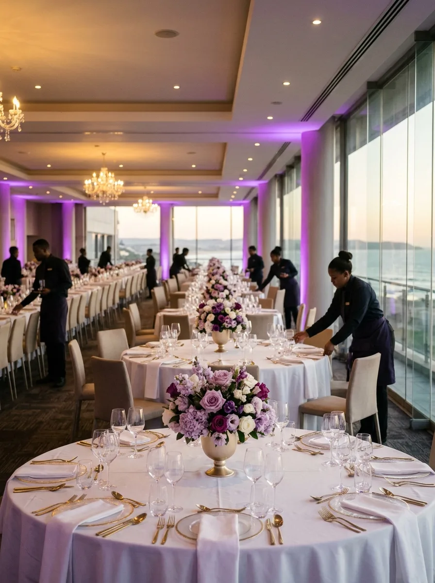 Event room prepared with round tables and lilac centrepieces