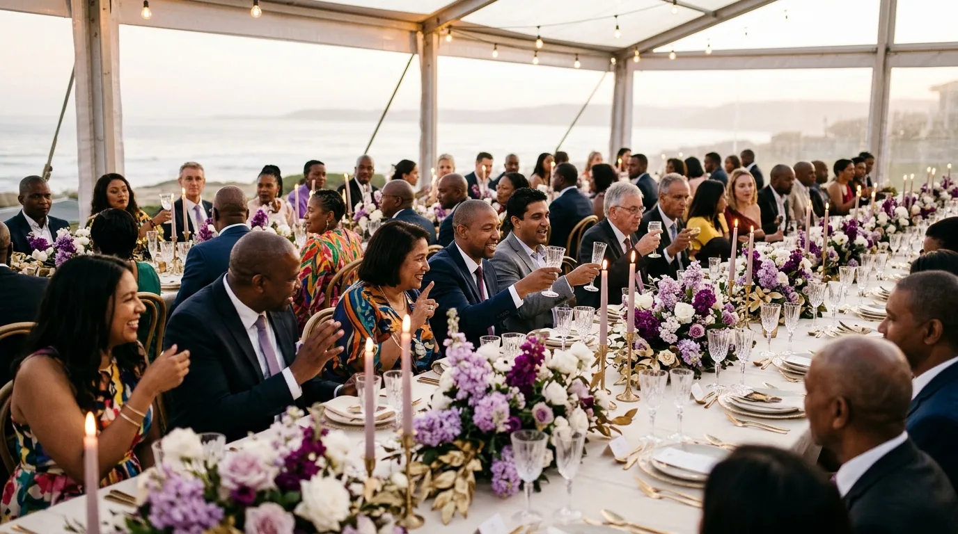 Guests at a long celebration dinner table with lilac florals