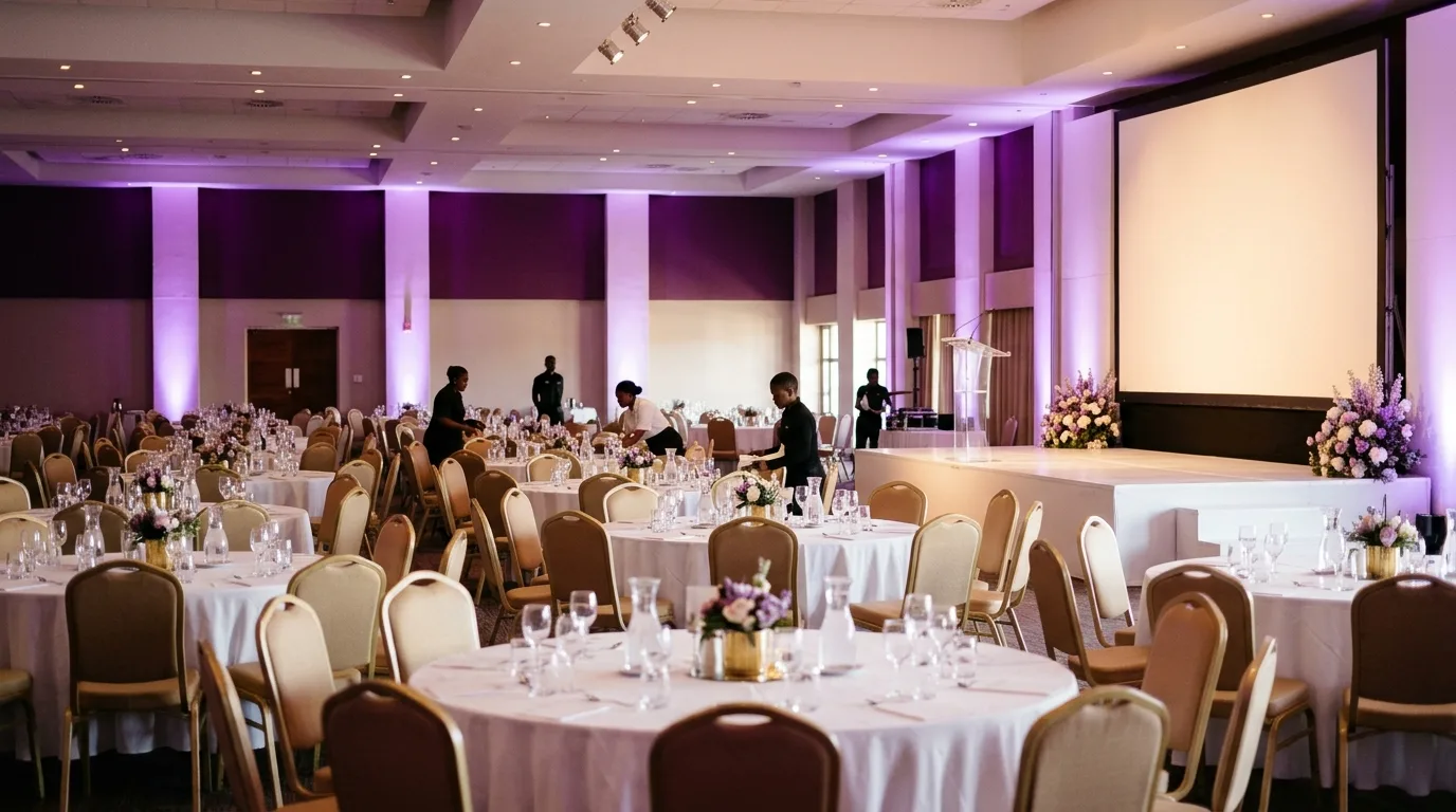 Conference hall set with round tables and a screen before delegates arrive