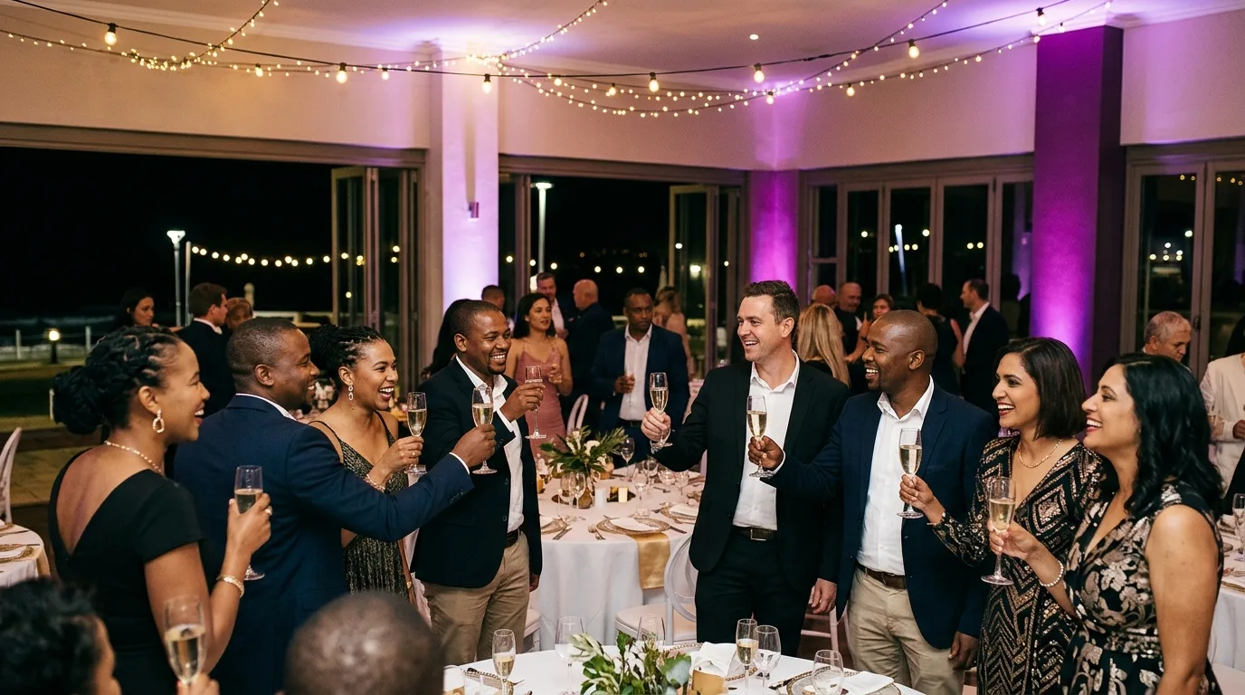 Colleagues toasting with sparkling wine at a corporate function