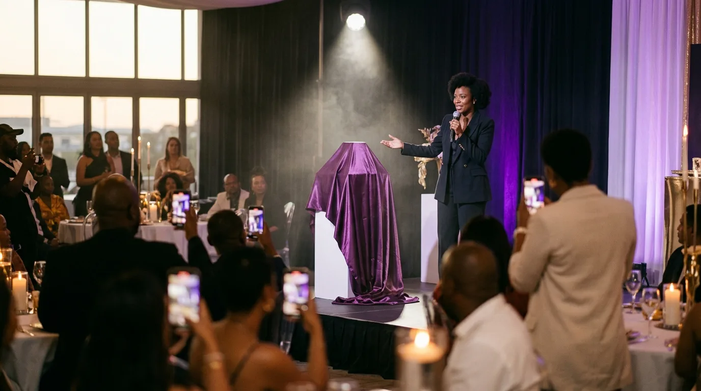 Presenter on stage beside a draped plinth at a product launch