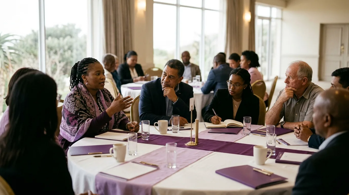 Professionals in conversation around a table at an engagement session