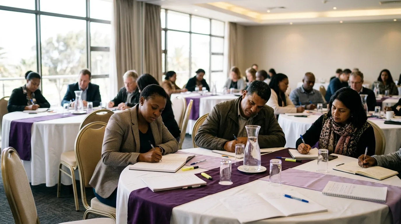 Delegates writing notes at workshop tables