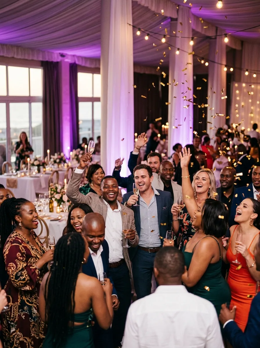 Guests celebrating with confetti under purple lights