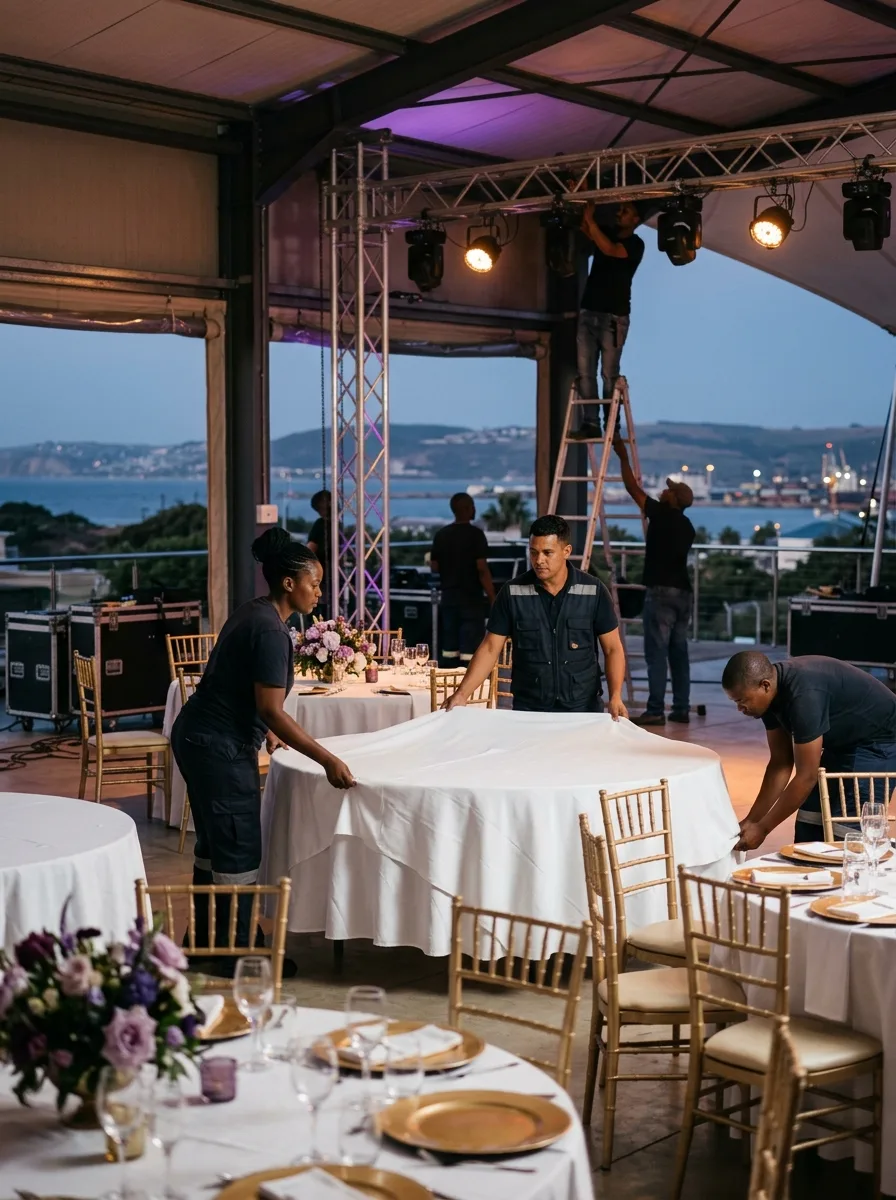 Event crew setting up tables and stage lighting