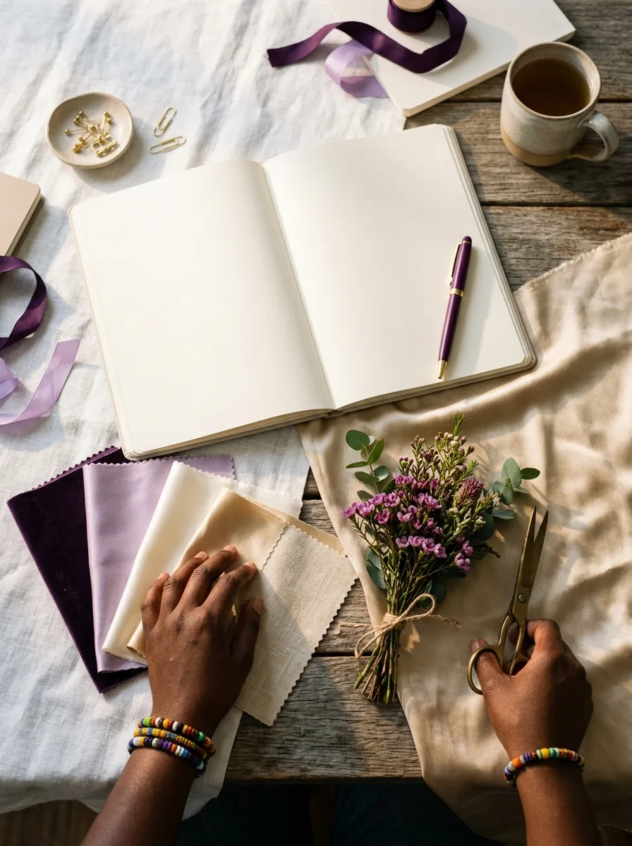 Event planner desk with notebook, fabric swatches and flowers