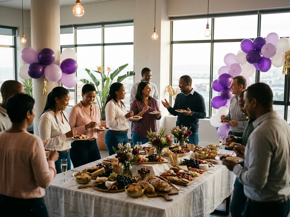 Colleagues celebrating at an office party with a grazing table