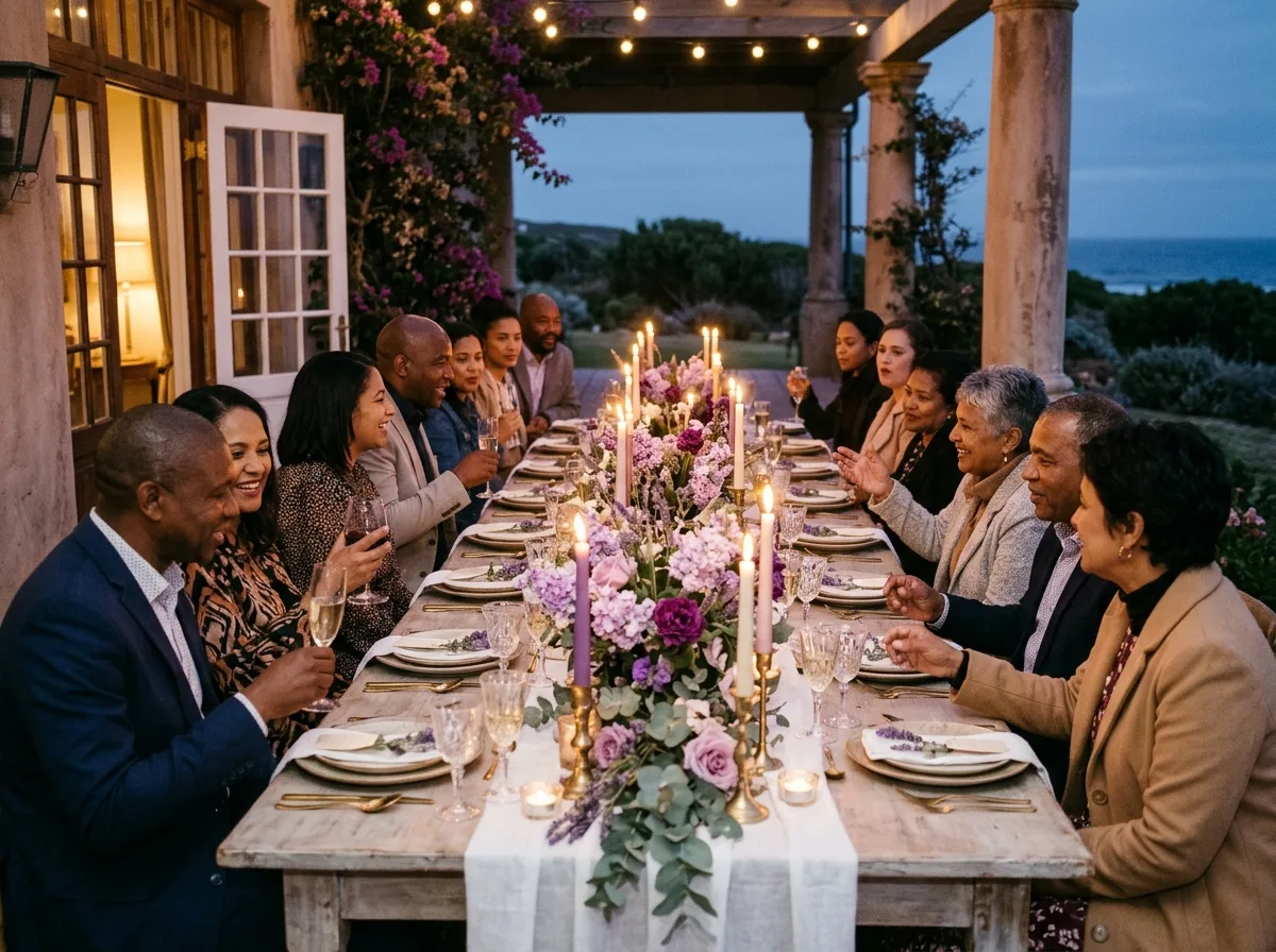 Guests at an intimate birthday dinner at sunset