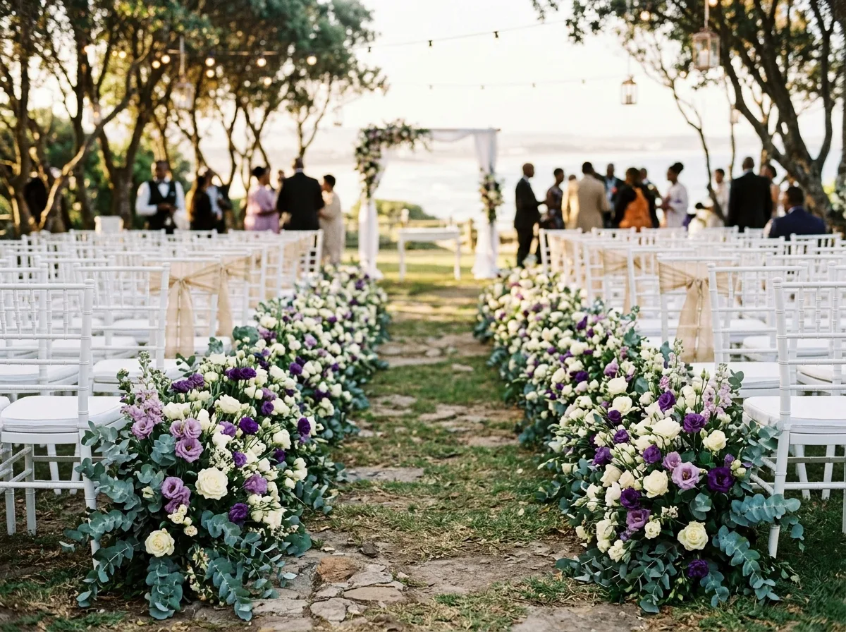 Wedding ceremony aisle lined with white and lilac flowers