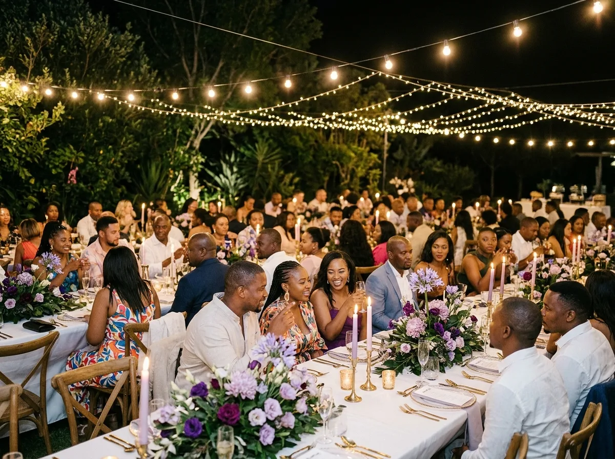 Outdoor year-end function under string lights at night